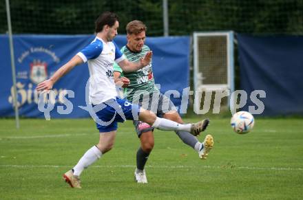 Fussball Kaerntner Liga. Treibach gegen Voelkermarkt.  Marco Paul Pirker  (Treibach), Oliver Kuester    (Voelkermarkt). Treibach, am 18.8.2023.
Foto: Kuess
---
pressefotos, pressefotografie, kuess, qs, qspictures, sport, bild, bilder, bilddatenbank