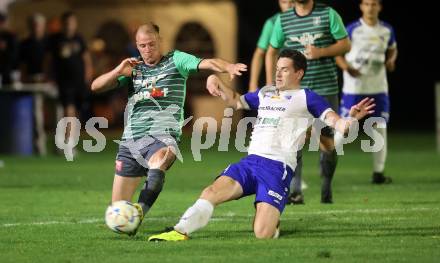 Fussball Kaerntner Liga. Treibach gegen Voelkermarkt.   Hanno Ulrich Wachernig (Treibach),   Matthias Maierhofer   (Voelkermarkt). Treibach, am 18.8.2023.
Foto: Kuess
---
pressefotos, pressefotografie, kuess, qs, qspictures, sport, bild, bilder, bilddatenbank