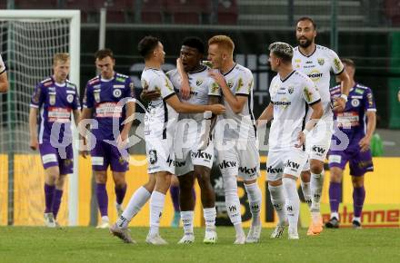 Fussball Bundesliga. SK Austria Klagenfurt gegen Cashpoint SCR Altach.   Torjubel Gustavo Santos Costa  (Altach).  Klagenfurt, am 19.8.2023.
Foto: Kuess
---
pressefotos, pressefotografie, kuess, qs, qspictures, sport, bild, bilder, bilddatenbank