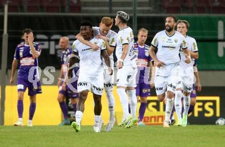 Fussball Bundesliga. SK Austria Klagenfurt gegen Cashpoint SCR Altach.  Torjubel Gustavo Santos Costa   (Altach).  Klagenfurt, am 19.8.2023.
Foto: Kuess
---
pressefotos, pressefotografie, kuess, qs, qspictures, sport, bild, bilder, bilddatenbank