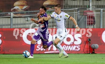 Fussball Bundesliga. SK Austria Klagenfurt gegen Cashpoint SCR Altach.  Simon Straudi,  (Klagenfurt),  Leonardo Lukacevic   (Altach).  Klagenfurt, am 19.8.2023.
Foto: Kuess
---
pressefotos, pressefotografie, kuess, qs, qspictures, sport, bild, bilder, bilddatenbank