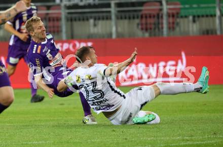 Fussball Bundesliga. SK Austria Klagenfurt gegen Cashpoint SCR Altach.  Christopher Cvetko,   (Klagenfurt),   Lukas Jaeger (Altach).  Klagenfurt, am 19.8.2023.
Foto: Kuess
---
pressefotos, pressefotografie, kuess, qs, qspictures, sport, bild, bilder, bilddatenbank