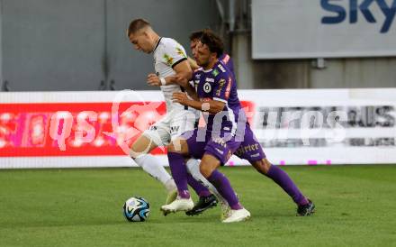 Fussball Bundesliga. SK Austria Klagenfurt gegen Cashpoint SCR Altach. Simon Straudi,   (Klagenfurt),  Leonardo Lukacevic   (Altach).  Klagenfurt, am 19.8.2023.
Foto: Kuess
---
pressefotos, pressefotografie, kuess, qs, qspictures, sport, bild, bilder, bilddatenbank