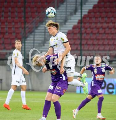 Fussball Bundesliga. SK Austria Klagenfurt gegen Cashpoint SCR Altach.  Jonas Arweiler,  (Klagenfurt),  Paul-Friedrich Koller   (Altach).  Klagenfurt, am 19.8.2023.
Foto: Kuess
---
pressefotos, pressefotografie, kuess, qs, qspictures, sport, bild, bilder, bilddatenbank