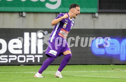 Fussball Bundesliga. SK Austria Klagenfurt gegen Cashpoint SCR Altach.  Torjubel Sinan Karweina  (Klagenfurt).   Klagenfurt, am 19.8.2023.
Foto: Kuess
---
pressefotos, pressefotografie, kuess, qs, qspictures, sport, bild, bilder, bilddatenbank