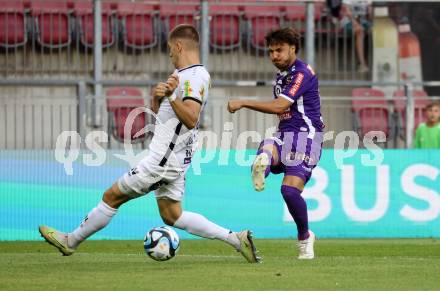 Fussball Bundesliga. SK Austria Klagenfurt gegen Cashpoint SCR Altach.   Simon Straudi,  (Klagenfurt), Leonardo Lukacevic   (Altach).  Klagenfurt, am 19.8.2023.
Foto: Kuess
---
pressefotos, pressefotografie, kuess, qs, qspictures, sport, bild, bilder, bilddatenbank