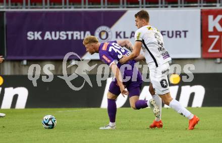 Fussball Bundesliga. SK Austria Klagenfurt gegen Cashpoint SCR Altach.  Jonas Arweiler,  (Klagenfurt),  Constantin Simon Reiner   (Altach).  Klagenfurt, am 19.8.2023.
Foto: Kuess
---
pressefotos, pressefotografie, kuess, qs, qspictures, sport, bild, bilder, bilddatenbank