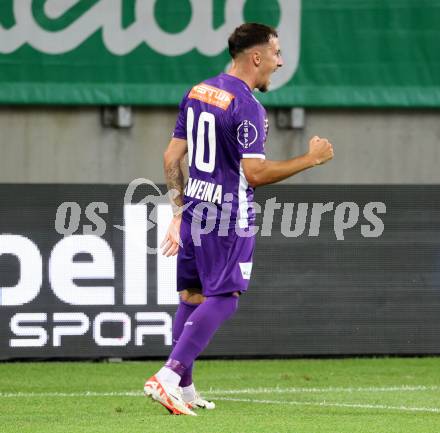 Fussball Bundesliga. SK Austria Klagenfurt gegen Cashpoint SCR Altach.   Torjubel Sinan Karweina (Klagenfurt).   Klagenfurt, am 19.8.2023.
Foto: Kuess
---
pressefotos, pressefotografie, kuess, qs, qspictures, sport, bild, bilder, bilddatenbank