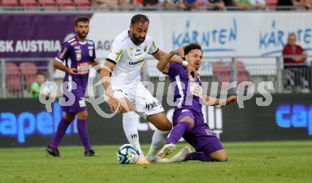 Fussball Bundesliga. SK Austria Klagenfurt gegen Cashpoint SCR Altach.  Simon Straudi,  (Klagenfurt),  Atdhe Nuhiu   (Altach).  Klagenfurt, am 19.8.2023.
Foto: Kuess
---
pressefotos, pressefotografie, kuess, qs, qspictures, sport, bild, bilder, bilddatenbank