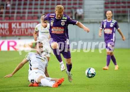 Fussball Bundesliga. SK Austria Klagenfurt gegen Cashpoint SCR Altach.   Jonas Arweiler,  (Klagenfurt),  Constantin Simon Reiner  (Altach).  Klagenfurt, am 19.8.2023.
Foto: Kuess
---
pressefotos, pressefotografie, kuess, qs, qspictures, sport, bild, bilder, bilddatenbank