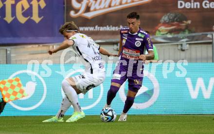 Fussball Bundesliga. SK Austria Klagenfurt gegen Cashpoint SCR Altach.  Sinan Karweina,   (Klagenfurt),  Paul-Friedrich Koller  (Altach).  Klagenfurt, am 19.8.2023.
Foto: Kuess
---
pressefotos, pressefotografie, kuess, qs, qspictures, sport, bild, bilder, bilddatenbank