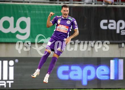 Fussball Bundesliga. SK Austria Klagenfurt gegen Cashpoint SCR Altach.  Torjubel Sinan Karweina  (Klagenfurt).   Klagenfurt, am 19.8.2023.
Foto: Kuess
---
pressefotos, pressefotografie, kuess, qs, qspictures, sport, bild, bilder, bilddatenbank