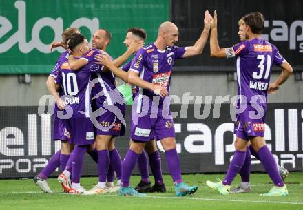 Fussball Bundesliga. SK Austria Klagenfurt gegen Cashpoint SCR Altach. Torjubel Sinan Karweina, Nicolas Wimmer, Christopher Cvetko, Andrew Irving, Till Schumacher, Rico Benatelli, Thorsten Mahrer   (Klagenfurt).   Klagenfurt, am 19.8.2023.
Foto: Kuess
---
pressefotos, pressefotografie, kuess, qs, qspictures, sport, bild, bilder, bilddatenbank