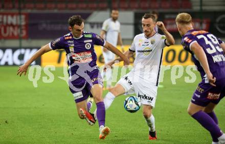 Fussball Bundesliga. SK Austria Klagenfurt gegen Cashpoint SCR Altach.  Andrew Irving,   (Klagenfurt),   Constantin Simon Reiner (Altach).  Klagenfurt, am 19.8.2023.
Foto: Kuess
---
pressefotos, pressefotografie, kuess, qs, qspictures, sport, bild, bilder, bilddatenbank