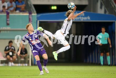 Fussball Bundesliga. SK Austria Klagenfurt gegen Cashpoint SCR Altach. Jonas Arweiler,  (Klagenfurt),   Paul-Friedrich Koller   (Altach).  Klagenfurt, am 19.8.2023.
Foto: Kuess
---
pressefotos, pressefotografie, kuess, qs, qspictures, sport, bild, bilder, bilddatenbank