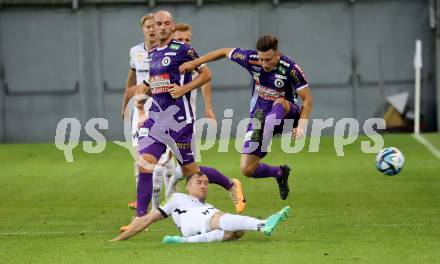 Fussball Bundesliga. SK Austria Klagenfurt gegen Cashpoint SCR Altach. Till Schumacher,   (Klagenfurt),   Lukas Jaeger  (Altach).  Klagenfurt, am 19.8.2023.
Foto: Kuess
---
pressefotos, pressefotografie, kuess, qs, qspictures, sport, bild, bilder, bilddatenbank