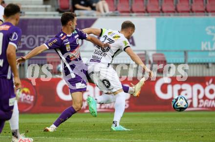 Fussball Bundesliga. SK Austria Klagenfurt gegen Cashpoint SCR Altach.  Andrew Irving,   (Klagenfurt),  Lukas Jaeger  (Altach).  Klagenfurt, am 19.8.2023.
Foto: Kuess
---
pressefotos, pressefotografie, kuess, qs, qspictures, sport, bild, bilder, bilddatenbank