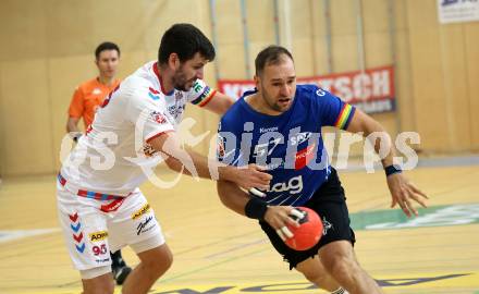 Handball BUndesliga. SC Ferlach gegen HC FIVERS WAT Margareten.  Patrik Leban, (SCF),    Thomas Seidl  (Margareten). Ferlach, am 5.9.2023.
Foto: Kuess
---
pressefotos, pressefotografie, kuess, qs, qspictures, sport, bild, bilder, bilddatenbank