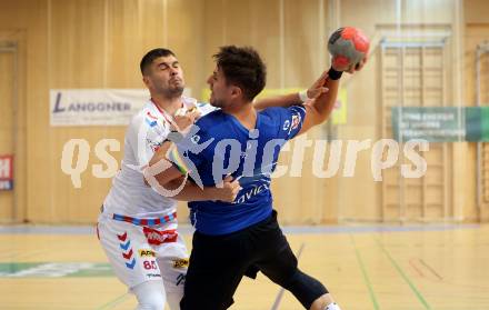 Handball BUndesliga. SC Ferlach gegen HC FIVERS WAT Margareten. MLadan JOvanovic,   (SCF),  Fabio Schuh  (Margareten). Ferlach, am 5.9.2023.
Foto: Kuess
---
pressefotos, pressefotografie, kuess, qs, qspictures, sport, bild, bilder, bilddatenbank