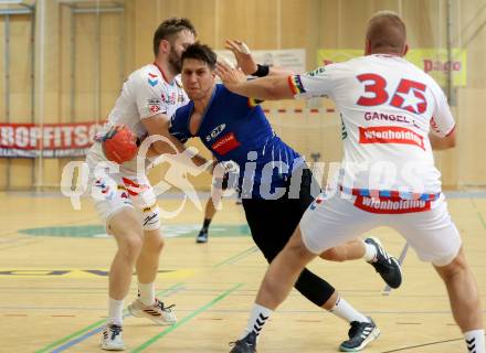 Handball BUndesliga. SC Ferlach gegen HC FIVERS WAT Margareten. Mladan Jovanovic,  (SCF),  Florian Heizinger,   (Margareten). Ferlach, am 5.9.2023.
Foto: Kuess
---
pressefotos, pressefotografie, kuess, qs, qspictures, sport, bild, bilder, bilddatenbank