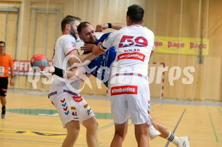 Handball BUndesliga. SC Ferlach gegen HC FIVERS WAT Margareten. Patrik Leban,   (SCF),    Florian Heizinger, Markus Kolar (Margareten). Ferlach, am 5.9.2023.
Foto: Kuess
---
pressefotos, pressefotografie, kuess, qs, qspictures, sport, bild, bilder, bilddatenbank