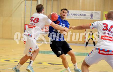 Handball BUndesliga. SC Ferlach gegen HC FIVERS WAT Margareten.  Jura Egon Juranic,  (SCF),  Leander Brenneis  (Margareten). Ferlach, am 5.9.2023.
Foto: Kuess
---
pressefotos, pressefotografie, kuess, qs, qspictures, sport, bild, bilder, bilddatenbank