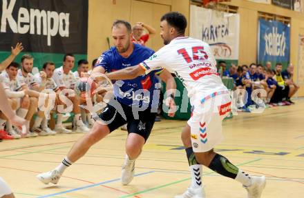 Handball BUndesliga. SC Ferlach gegen HC FIVERS WAT Margareten.  Patrik Leban,  (SCF),    Eric Damboeck (Margareten). Ferlach, am 5.9.2023.
Foto: Kuess
---
pressefotos, pressefotografie, kuess, qs, qspictures, sport, bild, bilder, bilddatenbank