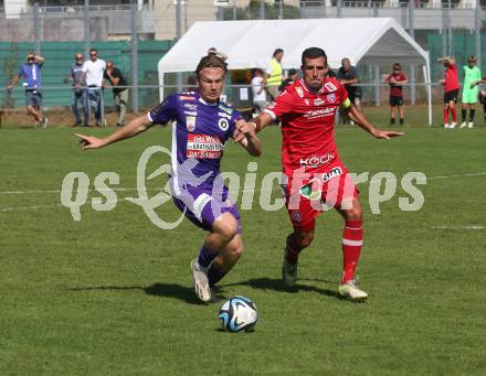 Fussball.  Testspiel. Austria Klagenfurt gegen GAK. Aaron Sky Schwarz (Klagenfurt), Marco Perchtold (GAK). Viktring, 8.9.2023.
Foto: Kuess
---
pressefotos, pressefotografie, kuess, qs, qspictures, sport, bild, bilder, bilddatenbank