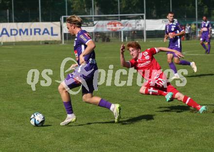 Fussball.  Testspiel. Austria Klagenfurt gegen GAK. Aaron Sky Schwarz (Klagenfurt), Felix Holzhacker (GAK).  Viktring, 8.9.2023.
Foto: Kuess
---
pressefotos, pressefotografie, kuess, qs, qspictures, sport, bild, bilder, bilddatenbank