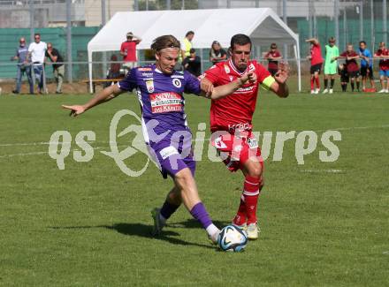 Fussball.  Testspiel. Austria Klagenfurt gegen GAK. Aaron Sky Schwarz (Klagenfurt), Marco Perchtold (GAK). Viktring, 8.9.2023.
Foto: Kuess
---
pressefotos, pressefotografie, kuess, qs, qspictures, sport, bild, bilder, bilddatenbank