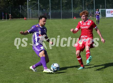 Fussball.  Testspiel. Austria Klagenfurt gegen GAK. Simon Straudi (Klagenfurt), Felix Holzhacker (GAK). Viktring, 8.9.2023.
Foto: Kuess
---
pressefotos, pressefotografie, kuess, qs, qspictures, sport, bild, bilder, bilddatenbank