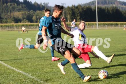 Fussball Kaerntner Liga. Kraig gegen Spittal.  Sebastian Hertelt  (Kraig),  Tristan Bruekk  (Spittal). Kraig, am 9.9.2023.
Foto: Kuess
---
pressefotos, pressefotografie, kuess, qs, qspictures, sport, bild, bilder, bilddatenbank