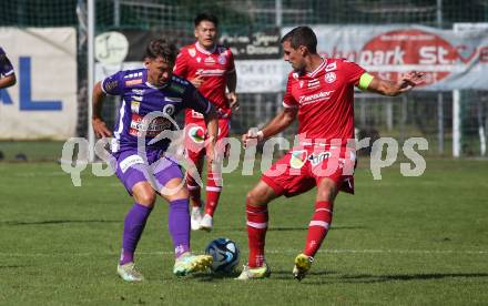 Fussball.  Testspiel. Austria Klagenfurt gegen GAK.  Christopher Wernitznig (Klagenfurt),   Marco Perchtold (GAK). Viktring, 8.9.2023.
Foto: Kuess
---
pressefotos, pressefotografie, kuess, qs, qspictures, sport, bild, bilder, bilddatenbank