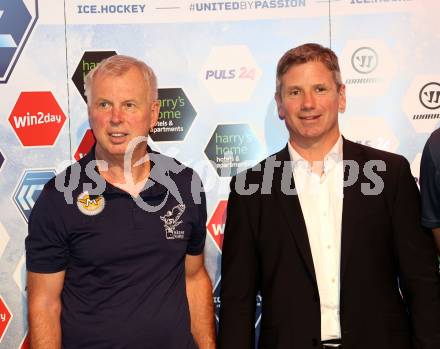 Eishockey. ICE Hockey League. Saisonstart. Pressekonferenz. Trainer Rob Daum, Kirk Furey. Velden, am 12.9.2023.
Foto: Kuess
---
pressefotos, pressefotografie, kuess, qs, qspictures, sport, bild, bilder, bilddatenbank