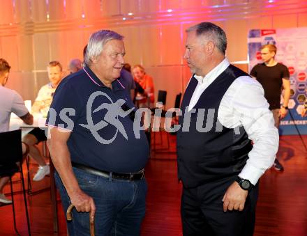 Eishockey. ICE Hockey League. Saisonstart. Pressekonferenz. Trainer Karl Safron, Christian Feichtinger. Velden, am 12.9.2023.
Foto: Kuess
---
pressefotos, pressefotografie, kuess, qs, qspictures, sport, bild, bilder, bilddatenbank