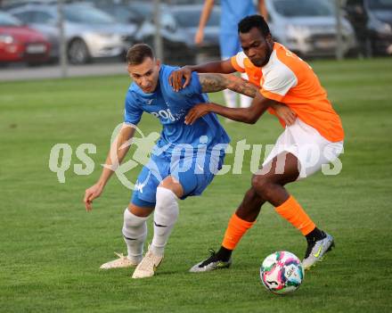 Fussball Kaerntner Liga. SAK gegen Donau.  Marko Gajic   (SAK),  Boyo Jarjue  (Donau). Klagenfurt, am 15.9.2023.
Foto: Kuess
---
pressefotos, pressefotografie, kuess, qs, qspictures, sport, bild, bilder, bilddatenbank