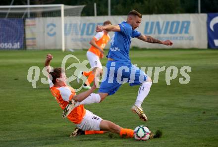 Fussball Kaerntner Liga. SAK gegen Donau.   Marko Gajic  (SAK),  Emil Jantscher  (Donau). Klagenfurt, am 15.9.2023.
Foto: Kuess
---
pressefotos, pressefotografie, kuess, qs, qspictures, sport, bild, bilder, bilddatenbank