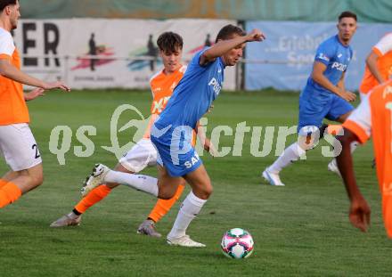 Fussball Kaerntner Liga. SAK gegen Donau.  Luka Gajic   (SAK), Luca Thaler    (Donau). Klagenfurt, am 15.9.2023.
Foto: Kuess
---
pressefotos, pressefotografie, kuess, qs, qspictures, sport, bild, bilder, bilddatenbank