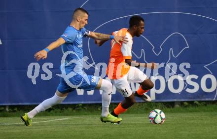 Fussball Kaerntner Liga. SAK gegen Donau.   Zoran Vukovic   (SAK),   Boyo Jarjue (Donau). Klagenfurt, am 15.9.2023.
Foto: Kuess
---
pressefotos, pressefotografie, kuess, qs, qspictures, sport, bild, bilder, bilddatenbank