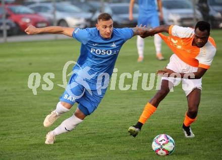 Fussball Kaerntner Liga. SAK gegen Donau. Marko Gajic    (SAK),   Boyo Jarjue (Donau). Klagenfurt, am 15.9.2023.
Foto: Kuess
---
pressefotos, pressefotografie, kuess, qs, qspictures, sport, bild, bilder, bilddatenbank