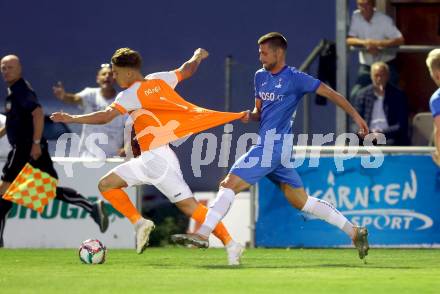 Fussball Kaerntner Liga. SAK gegen Donau.   Leo Ejup  (SAK),  Maximilian Gert Rupitsch  (Donau). Klagenfurt, am 15.9.2023.
Foto: Kuess
---
pressefotos, pressefotografie, kuess, qs, qspictures, sport, bild, bilder, bilddatenbank