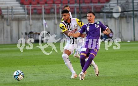 Fussball Bundesliga. SK Austria Klagenfurt gegen LASK.  Sinan Karweina,  (Klagenfurt),    Andrade Cedeno Andres Alberto (LASK).  Klagenfurt, am 16.9.2023.
Foto: Kuess
---
pressefotos, pressefotografie, kuess, qs, qspictures, sport, bild, bilder, bilddatenbank