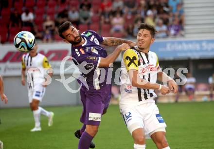 Fussball Bundesliga. SK Austria Klagenfurt gegen LASK.  Kosmas Gkezos, (Klagenfurt),  Robert Zulj    (LASK).  Klagenfurt, am 16.9.2023.
Foto: Kuess
---
pressefotos, pressefotografie, kuess, qs, qspictures, sport, bild, bilder, bilddatenbank