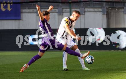 Fussball Bundesliga. SK Austria Klagenfurt gegen LASK.   Sinan Karweina, (Klagenfurt),    Felix Luckeneder  (LASK).  Klagenfurt, am 16.9.2023.
Foto: Kuess
---
pressefotos, pressefotografie, kuess, qs, qspictures, sport, bild, bilder, bilddatenbank