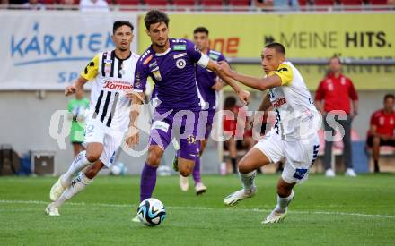 Fussball Bundesliga. SK Austria Klagenfurt gegen LASK.  Thorsten Mahrer,  (Klagenfurt),    Branko Jovicic  (LASK).  Klagenfurt, am 16.9.2023.
Foto: Kuess
---
pressefotos, pressefotografie, kuess, qs, qspictures, sport, bild, bilder, bilddatenbank