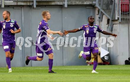 Fussball Bundesliga. SK Austria Klagenfurt gegen LASK.   Torjubel Christopher CVetko, Solomon Bonnah (Klagenfurt).  Klagenfurt, am 16.9.2023.
Foto: Kuess
---
pressefotos, pressefotografie, kuess, qs, qspictures, sport, bild, bilder, bilddatenbank