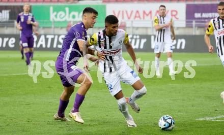 Fussball Bundesliga. SK Austria Klagenfurt gegen LASK.   Nikola Djoric, (Klagenfurt),  Andrade Cedeno Andres Alberto   (LASK).  Klagenfurt, am 16.9.2023.
Foto: Kuess
---
pressefotos, pressefotografie, kuess, qs, qspictures, sport, bild, bilder, bilddatenbank