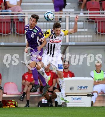 Fussball Bundesliga. SK Austria Klagenfurt gegen LASK.  Till Schumacher, (Klagenfurt),  Florian Flecker    (LASK).  Klagenfurt, am 16.9.2023.
Foto: Kuess
---
pressefotos, pressefotografie, kuess, qs, qspictures, sport, bild, bilder, bilddatenbank