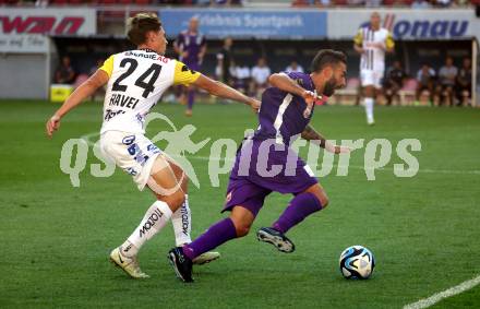 Fussball Bundesliga. SK Austria Klagenfurt gegen LASK.  Kosmas Gkezos, (Klagenfurt),  Elias Havel    (LASK).  Klagenfurt, am 16.9.2023.
Foto: Kuess
---
pressefotos, pressefotografie, kuess, qs, qspictures, sport, bild, bilder, bilddatenbank