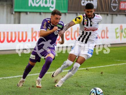 Fussball Bundesliga. SK Austria Klagenfurt gegen LASK.  Sinan Karweina,  (Klagenfurt),    Andrade Cedeno Andres Alberto (LASK).  Klagenfurt, am 16.9.2023.
Foto: Kuess
---
pressefotos, pressefotografie, kuess, qs, qspictures, sport, bild, bilder, bilddatenbank